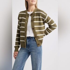 Caslon Olive and White Striped Cardigan